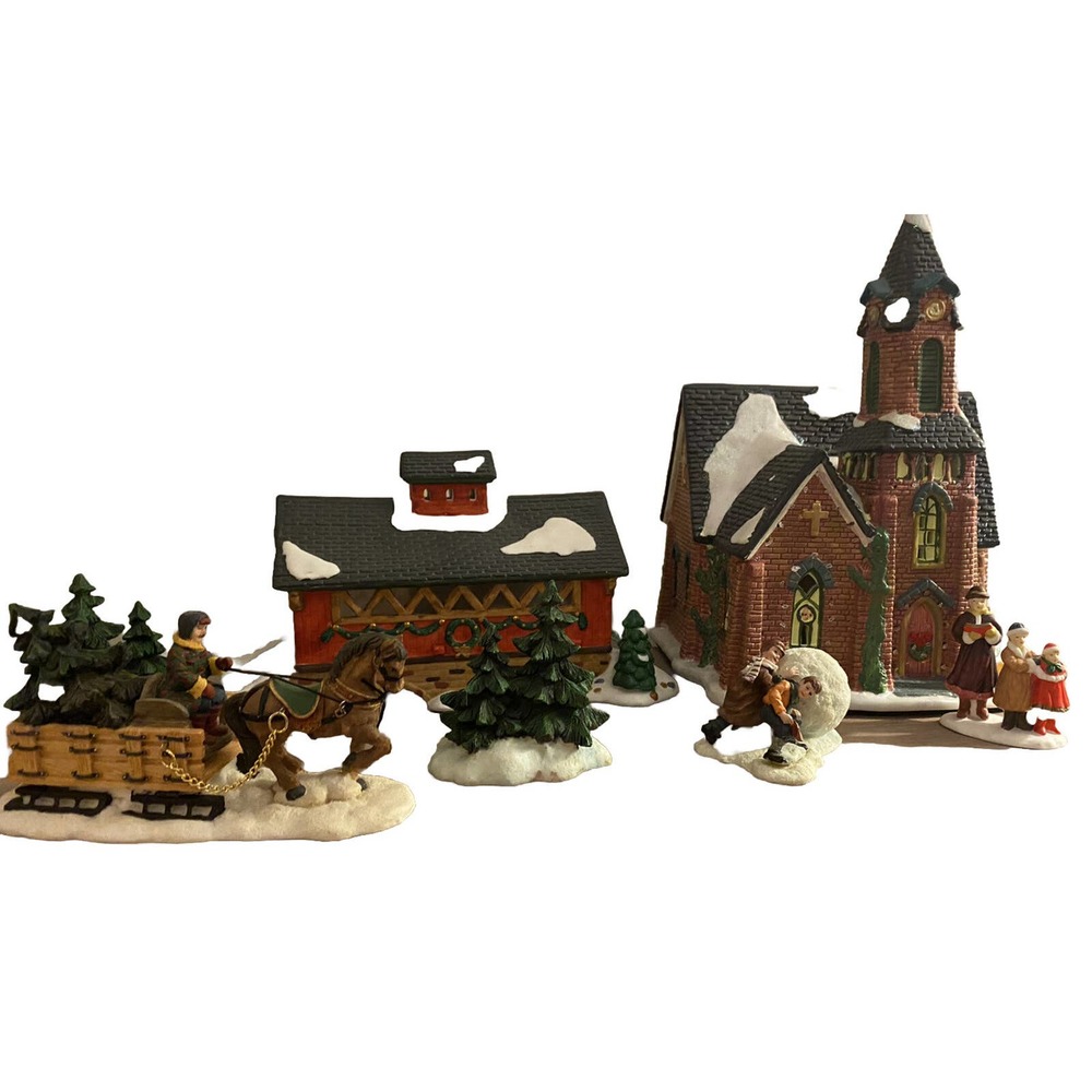 Dept 56 Lighted Church, Christmas Village Bridge, Sleigh, Kids, Carolers, & Snow